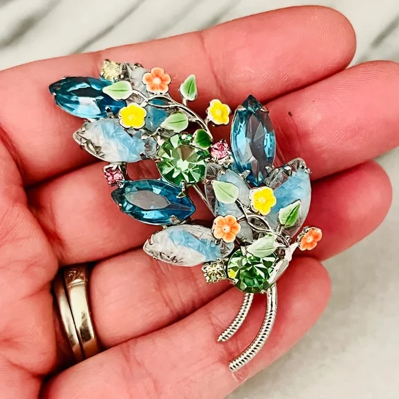 Vintage Blue Crystal Brooch Prong Set Navettes Green Pink Accent Enamel Flower